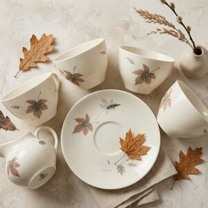 Royal Doulton Vintage Bone China 9pc Set Tumbling Leaves Teacups Saucers Creamer